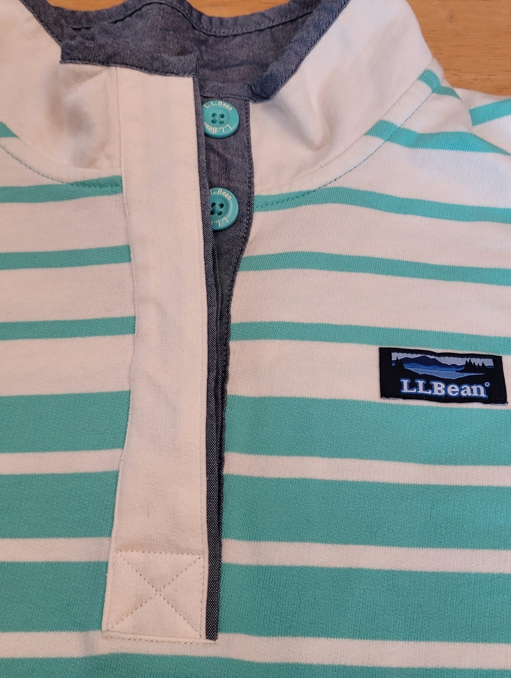 L.L. Bean Sweatshiry Striped Button Collar Pullover Teal Chambray Medium - Picture 2 of 10